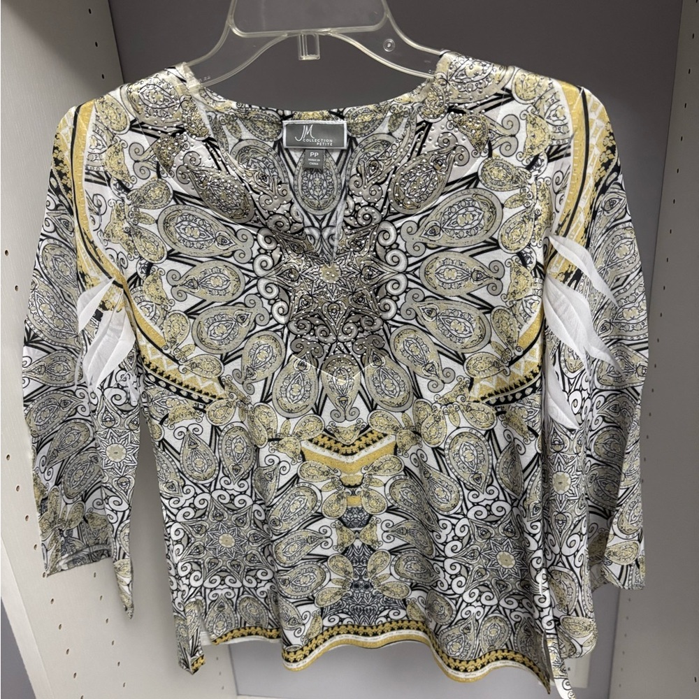 JM Collection Graphic Embellished Gray and White Blouse